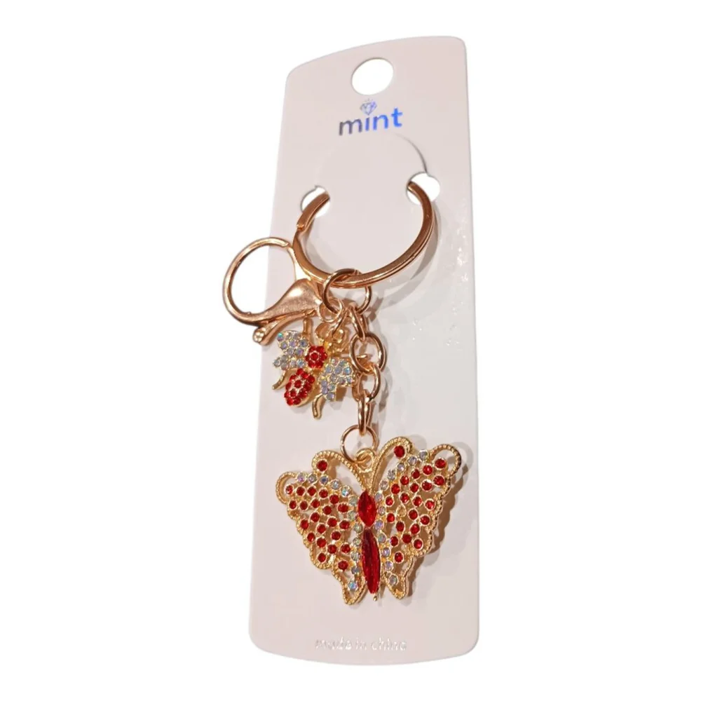Beautiful Ruby Rhinestone Butterfly Bumblebee Gold Tone Keychain Purse Charm